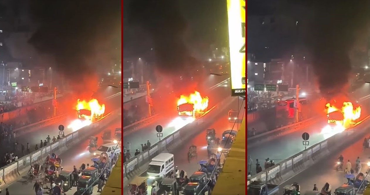 রাজধানীর ধোলাইপাড়ে বাসে আগুন